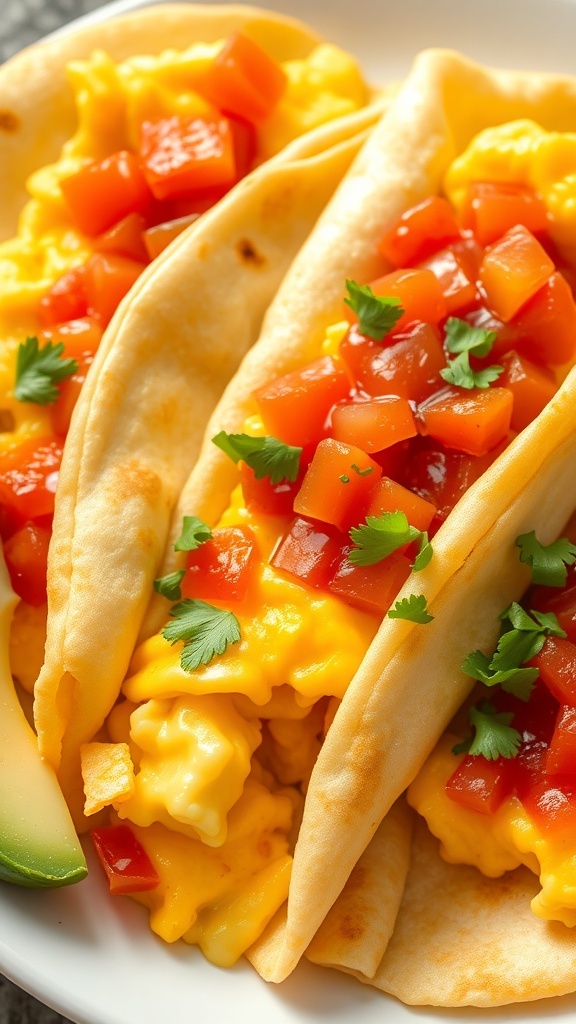 Scrambled egg tortillas filled with cheese and salsa, garnished with avocado and cilantro on a plate.